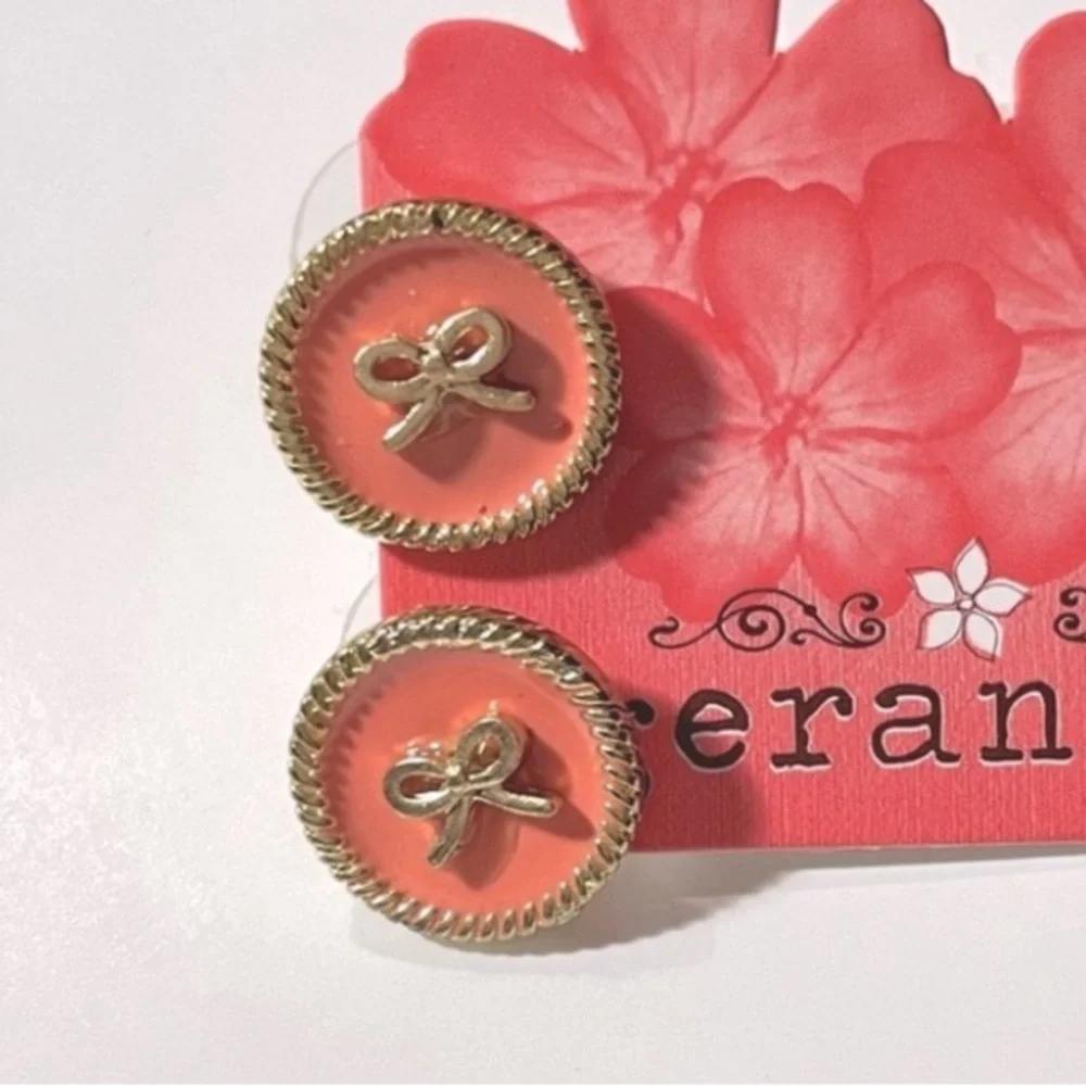 Geranium Coral Pink Enamel and Goldtone Circle Bow Earrings
